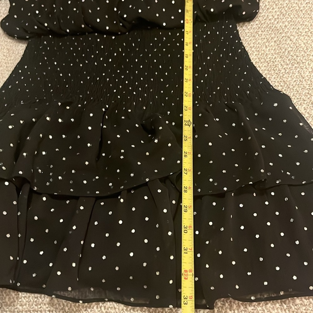 Vici x Gina Black Sheer Polka Dot Chiffon Smocked Ruffle Long Sleeve Mini Dress - Picture 12 of 12